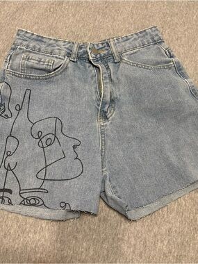 SHEIN Light Blue High-Waist Denim Jean Shorts with Abstract Line Art